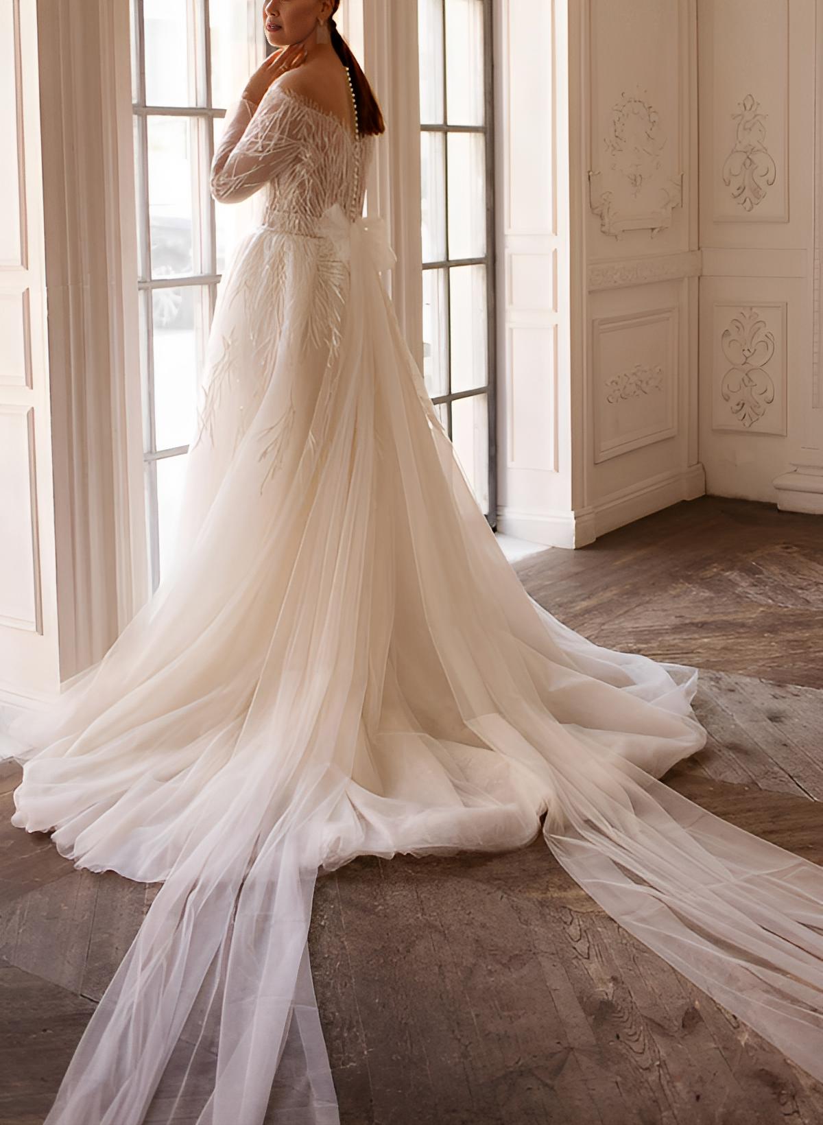 Elegant Illusion Neck Long Sleeves Sweep Train Lace Wedding Dresses