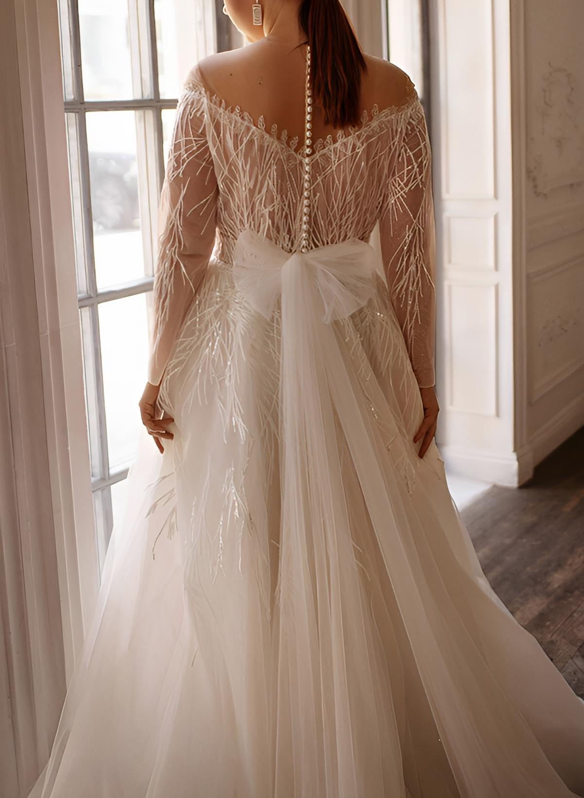 Elegant Illusion Neck Long Sleeves Sweep Train Lace Wedding Dresses