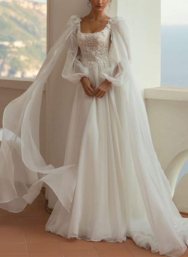 A-Line Square Neckline Long Sleeves Lace/Tulle Wedding Dresses