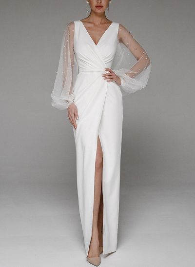 Sheath/Column V-Neck Long Sleeves Floor-Length Wedding Dresses