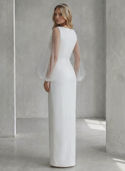 Sheath/Column V-Neck Long Sleeves Floor-Length Elastic Satin Wedding Dresses