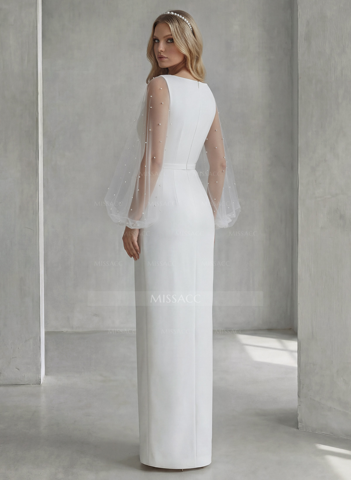Sheath/Column V-Neck Long Sleeves Floor-Length Elastic Satin Wedding Dresses
