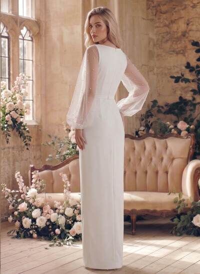 Sheath/Column V-Neck Long Sleeves Floor-Length Elastic Satin Wedding Dresses