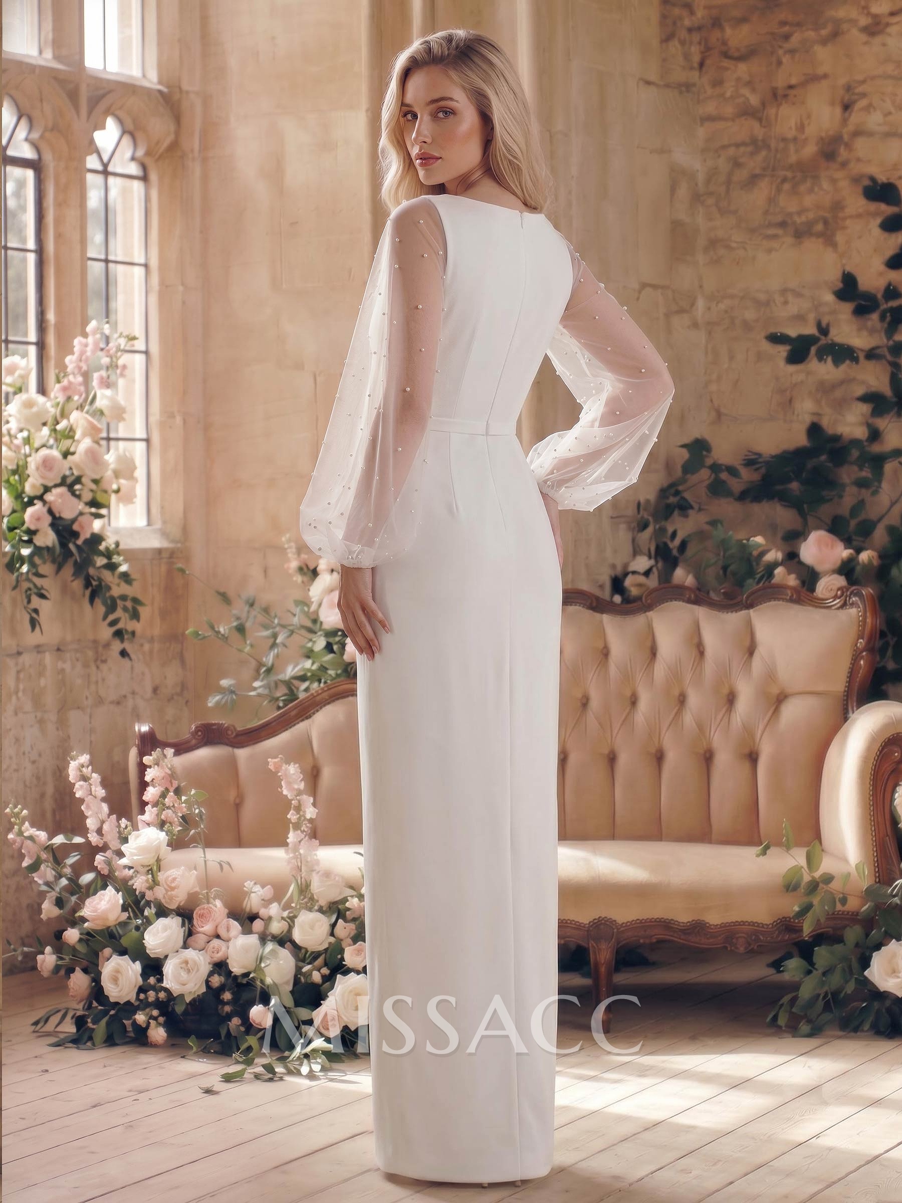 Sheath/Column V-Neck Long Sleeves Floor-Length Elastic Satin Wedding Dresses Sheath/Column V-Neck Long Sleeves Floor-Length Elastic Satin Wedding Dresses