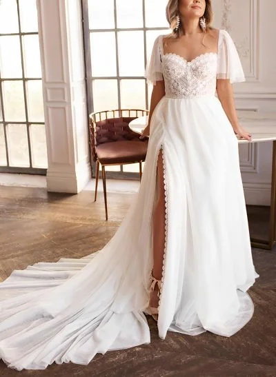 Plus Size Sweetheart Short Sleeves Sweep Train Chiffon/Lace Wedding Dresses