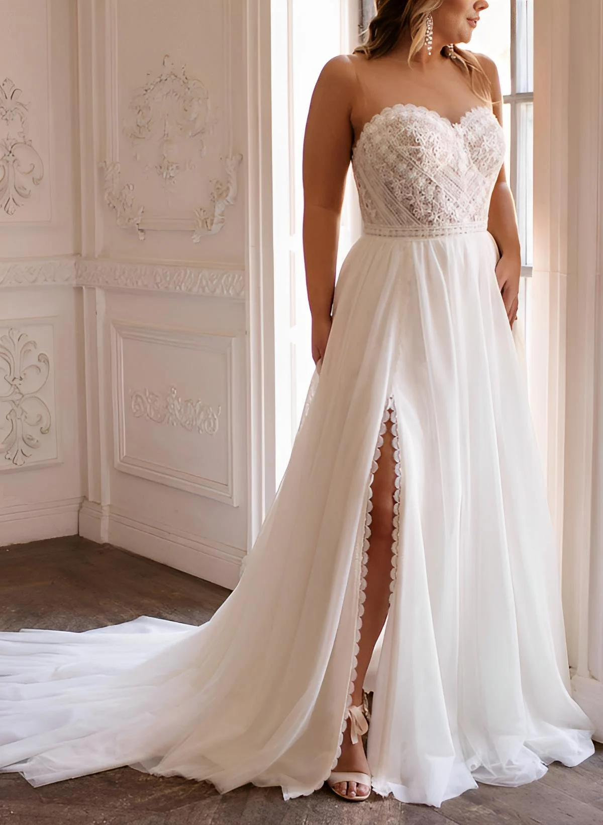 Plus Size Sweetheart Short Sleeves Sweep Train Chiffon/Lace Wedding Dresses Plus Size Sweetheart Short Sleeves Sweep Train Chiffon/Lace Wedding Dresses