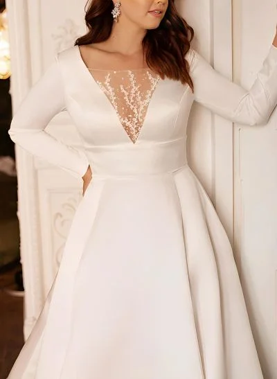 Plus Size A-Line Long Sleeves Sweep Train Satin Wedding Dresses