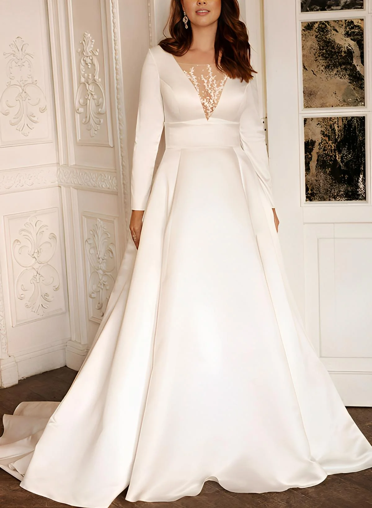 long sleeve wedding dress size 16 Sheer Long Sleeve V-Neck Plus Size Wedding Dress HAREM's Brides