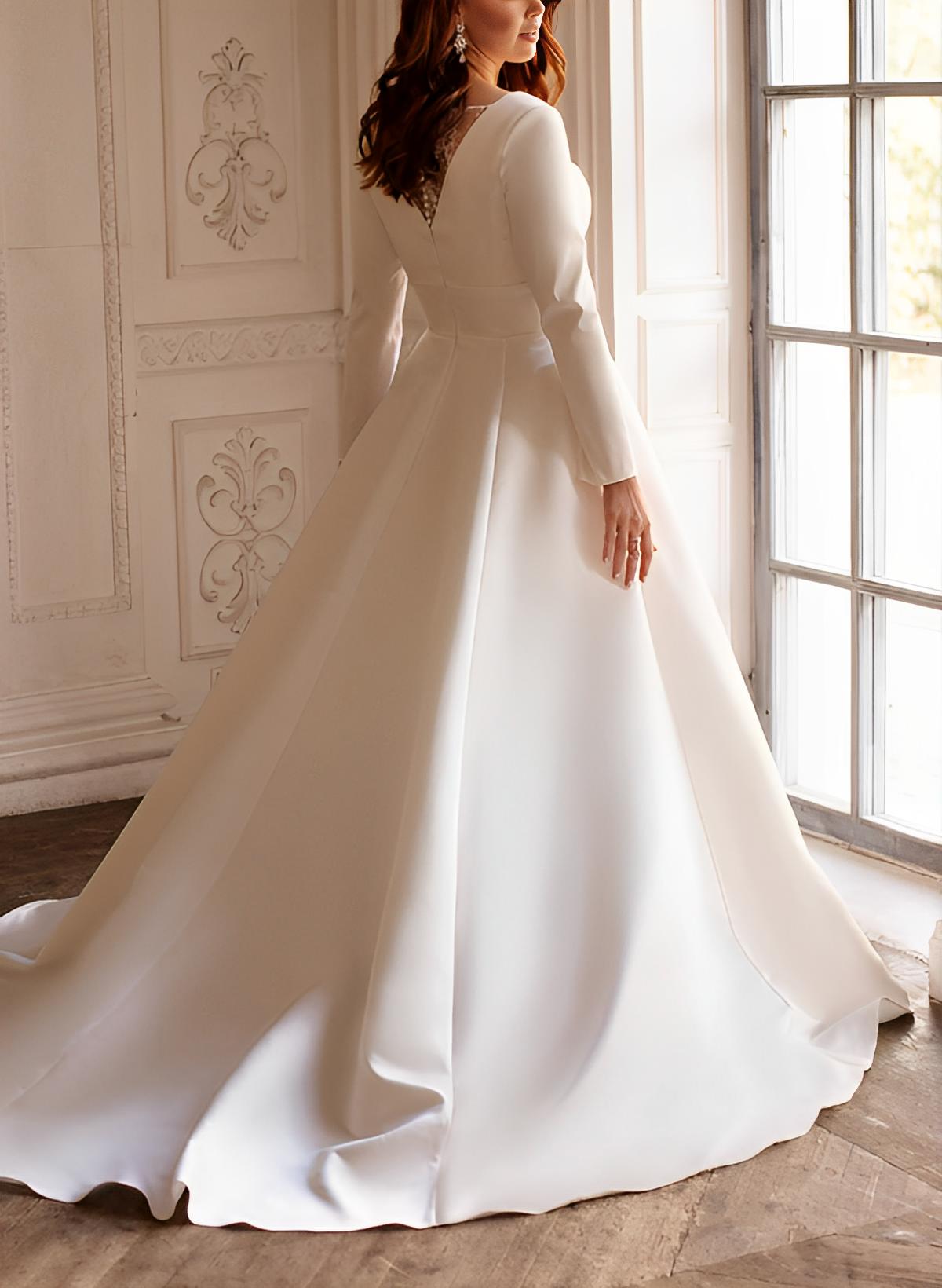 Plus Size A-Line Long Sleeves Sweep Train Satin Wedding Dresses