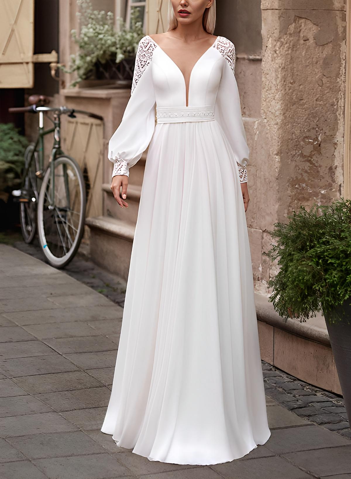 Elegant A-Line Long Sleeves Sweep Train Chiffon Wedding Dresses With Lace