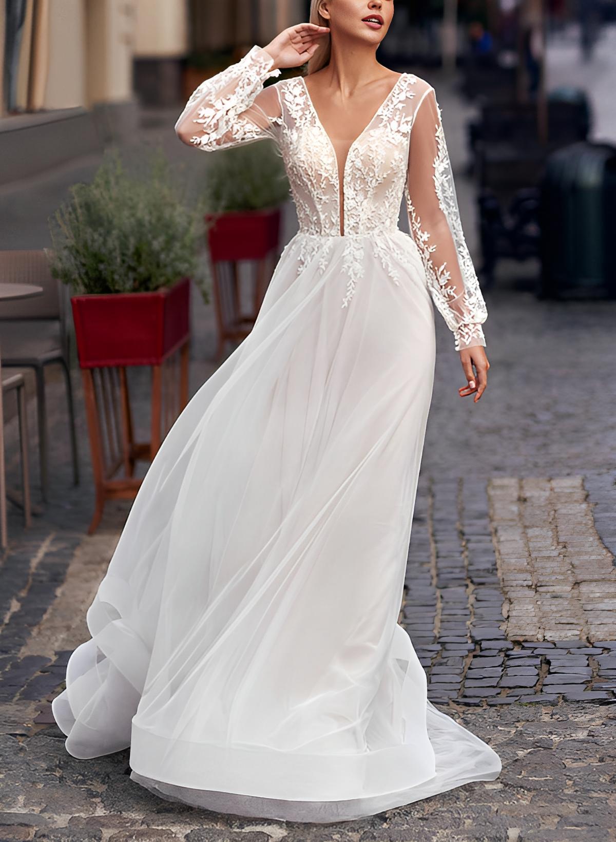 Elegant A-Line Long Sleeves Sweep Train Lace/Tulle Wedding Dresses