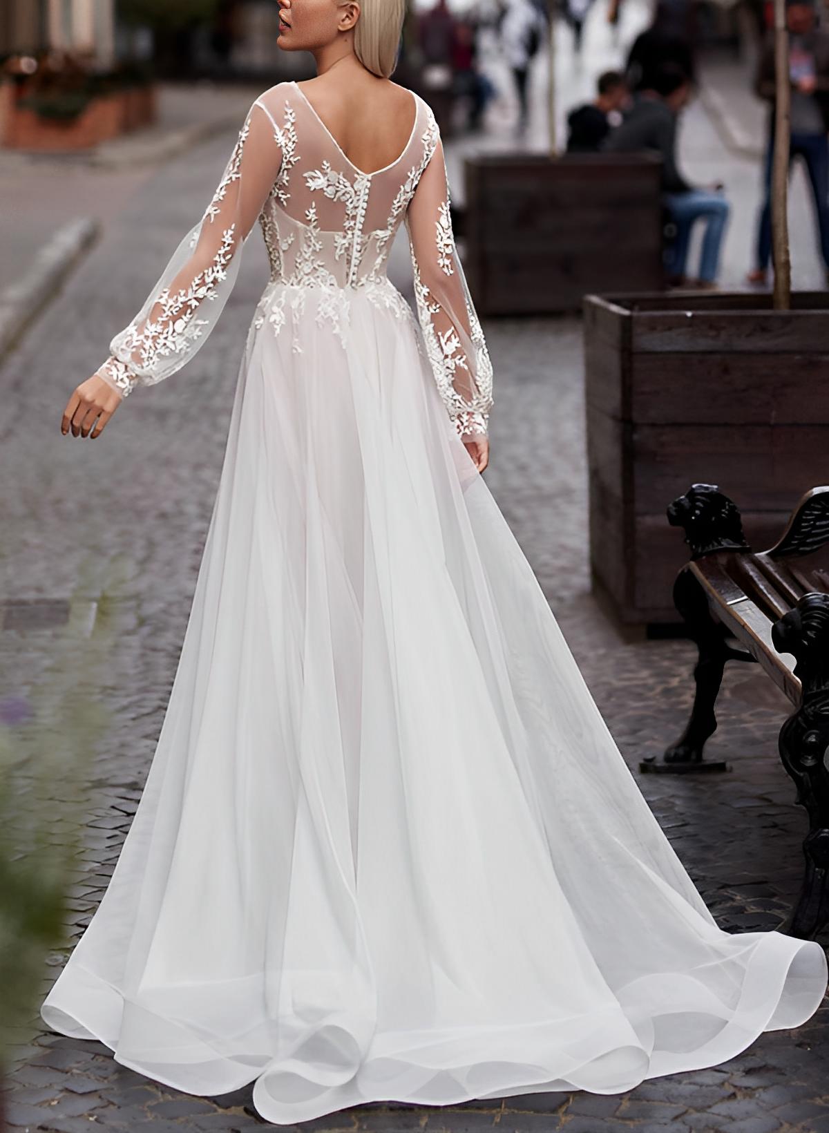Elegant A-Line Long Sleeves Sweep Train Lace/Tulle Wedding Dresses