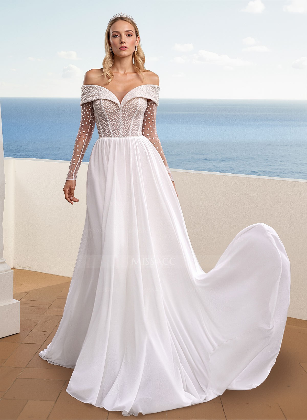 A-Line Off-The-Shoulder Sleeveless Sweep Train Lace/Tulle Wedding Dresses