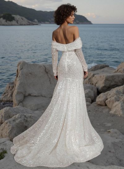 Trumpet/Mermaid Off-The-Shoulder Long Sleeves Sequined Wedding Dresses