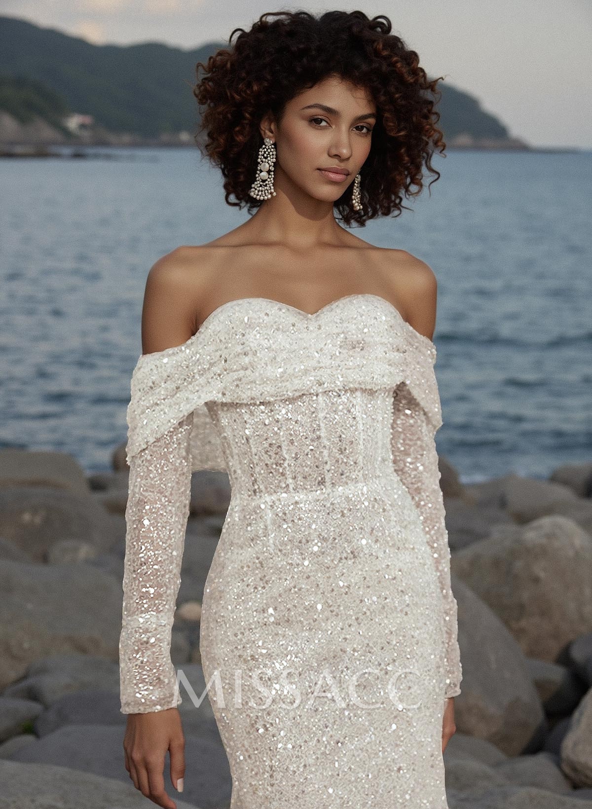 Trumpet/Mermaid Off-The-Shoulder Long Sleeves Sequined Wedding Dresses Trumpet/Mermaid Off-The-Shoulder Long Sleeves Sequined Wedding Dresses