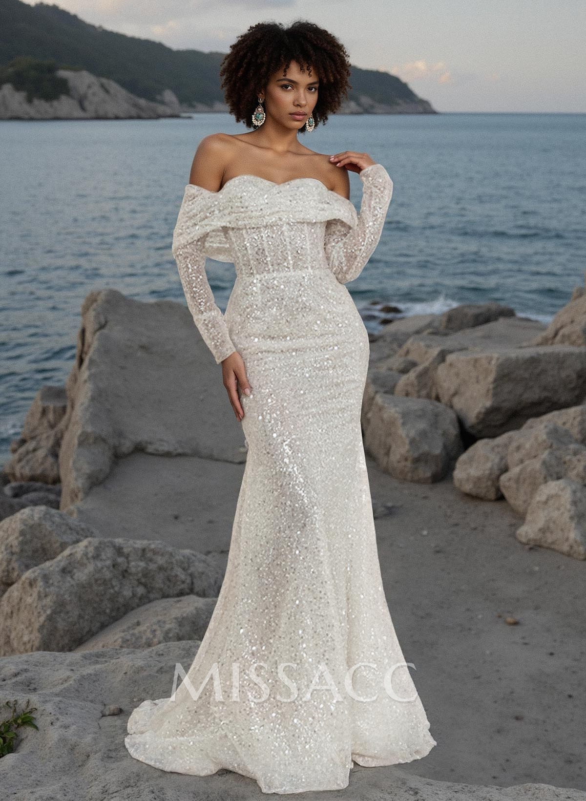 Trumpet/Mermaid Off-The-Shoulder Long Sleeves Sequined Wedding Dresses Trumpet/Mermaid Off-The-Shoulder Long Sleeves Sequined Wedding Dresses