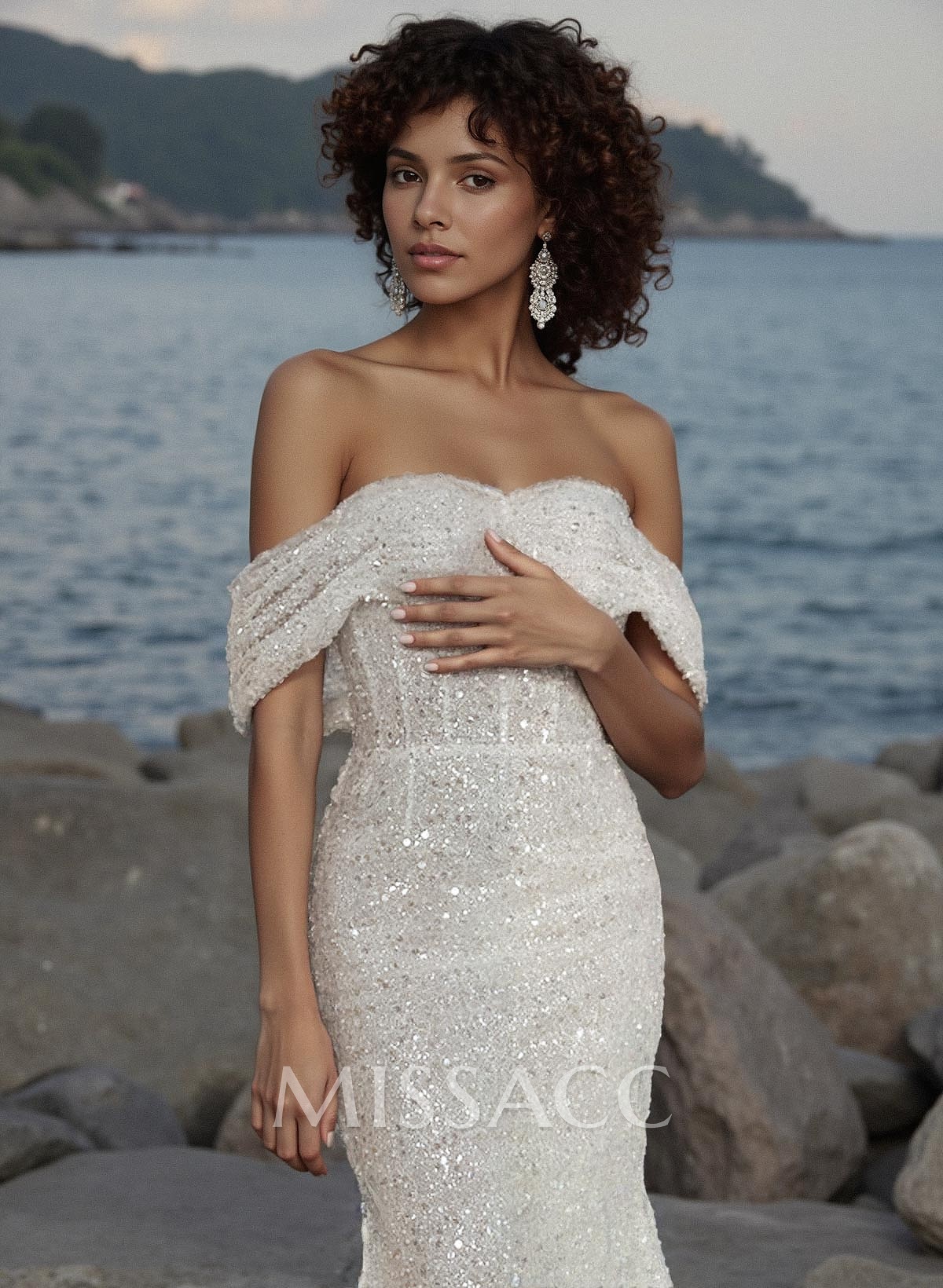 Trumpet/Mermaid Off-The-Shoulder Long Sleeves Sequined Wedding Dresses Trumpet/Mermaid Off-The-Shoulder Long Sleeves Sequined Wedding Dresses
