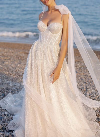 A-Line Sweetheart Sleeveless Floor-Length Tulle Wedding Dresses