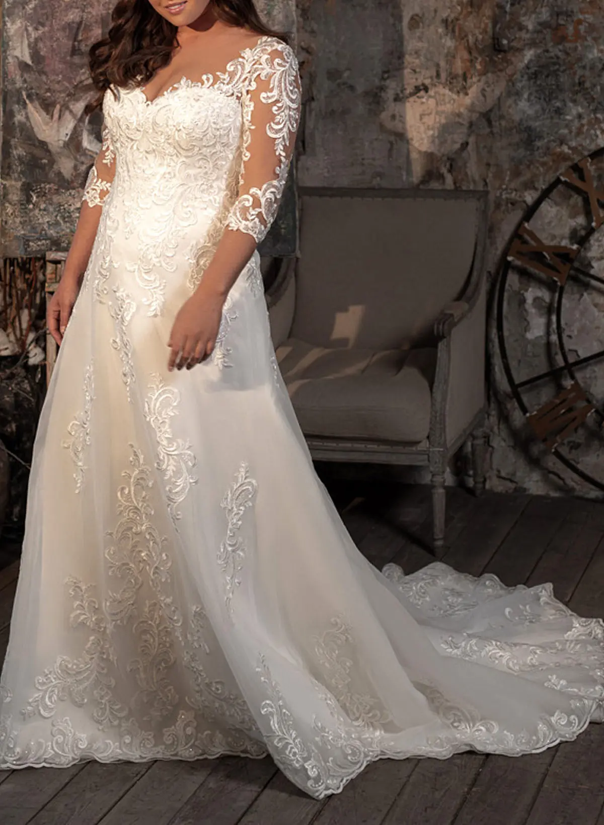 Plus Size V-Neck 3/4 Sleeves Sweep Train Lace Wedding Dresses - Missacc Plus Size V-Neck 3/4 Sleeves Sweep Train Lace Wedding Dresses - Missacc