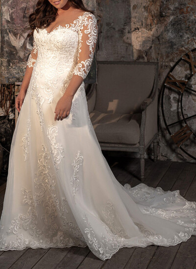 Plus Size V-Neck 3/4 Sleeves Sweep Train Lace Wedding Dresses