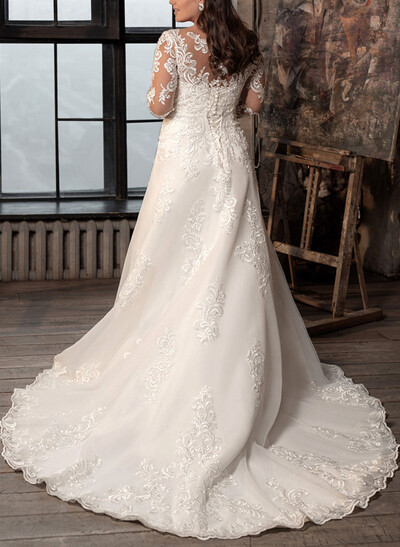 Plus Size V-Neck 3/4 Sleeves Sweep Train Lace Wedding Dresses