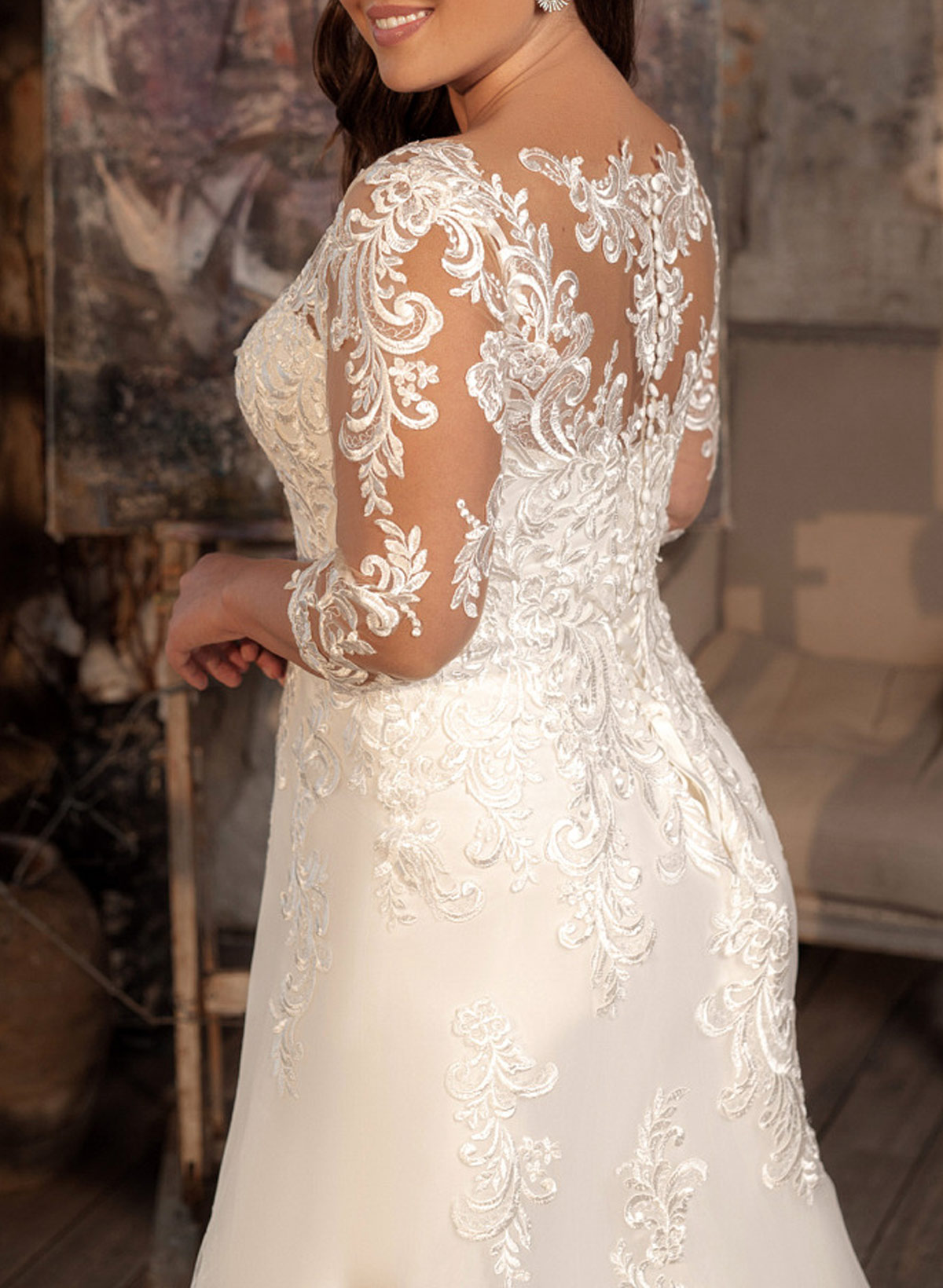 Plus Size V-Neck 3/4 Sleeves Sweep Train Lace Wedding Dresses