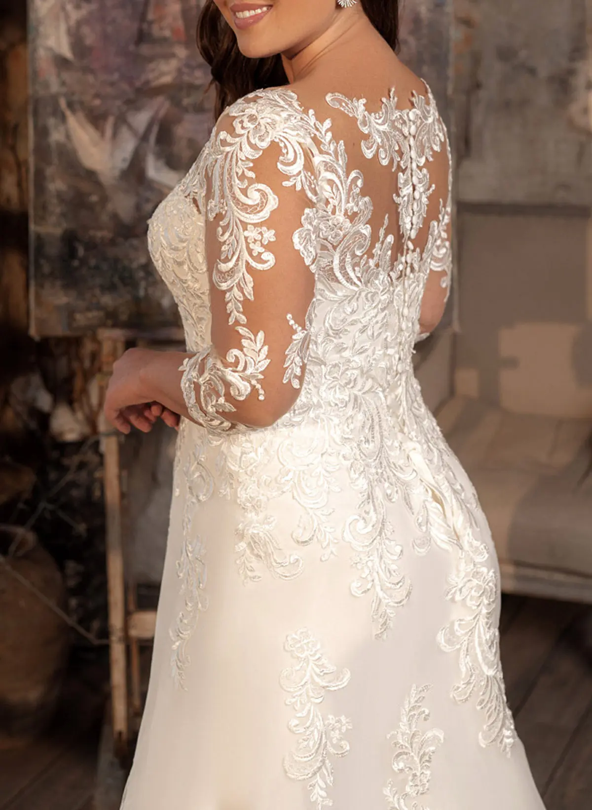 Plus Size V-Neck 3/4 Sleeves Sweep Train Lace Wedding Dresses - Missacc Plus Size V-Neck 3/4 Sleeves Sweep Train Lace Wedding Dresses - Missacc