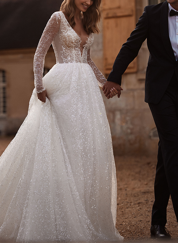 A-Line Long Sleeves Sweep Train Lace/Sequined Wedding Dresses