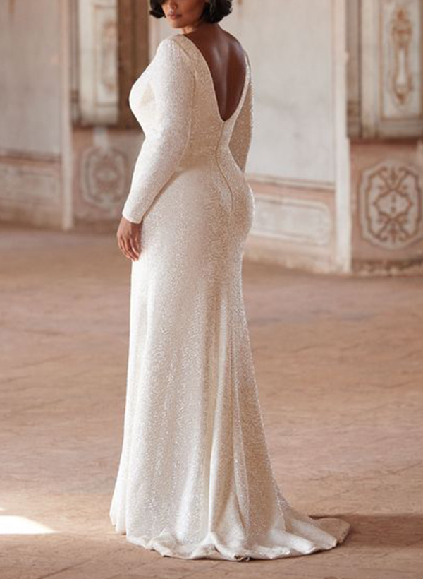 Sheath/Column V-Neck Long Sleeves Sequined Wedding Dresses With Split Front