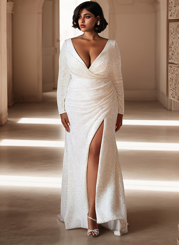 Sheath/Column V-Neck Long Sleeves Sequined Wedding Dresses With Split Front