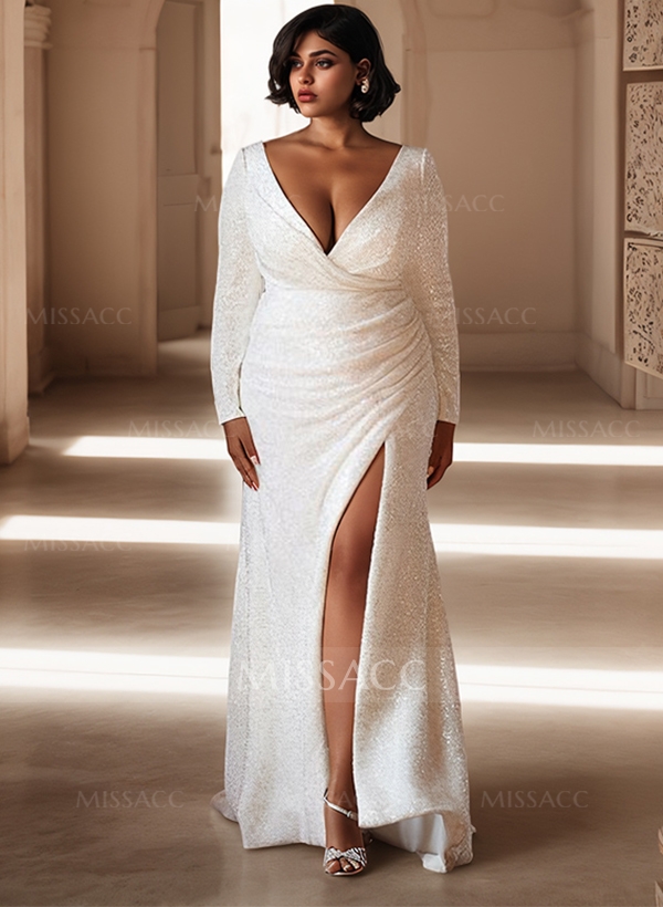 Sheath/Column V-Neck Long Sleeves Sequined Plus Size Wedding Dresses With Split Front