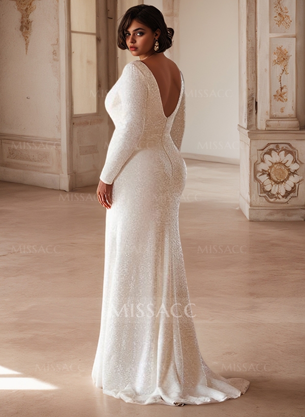 Sheath/Column V-Neck Long Sleeves Sequined Plus Size Wedding Dresses With Split Front