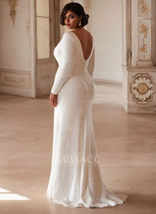fitted lace wedding dress Long Sleeves Sheath Wedding Dresses Lace Appliqued Gowns TN236 US6 / White