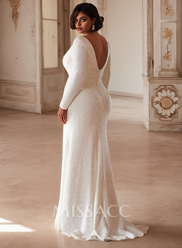 Sheath/Column V-Neck Long Sleeves Sequined Plus Size Wedding Dresses With Split Front Sheath/Column V-Neck Long Sleeves Sequined Plus Size Wedding Dresses With Split Front