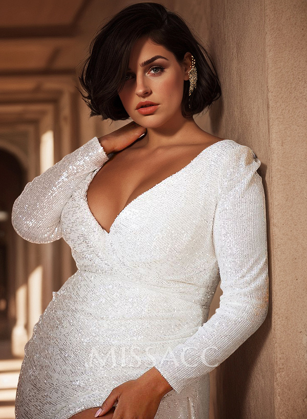 Sheath/Column V-Neck Long Sleeves Sequined Plus Size Wedding Dresses With Split Front Sheath/Column V-Neck Long Sleeves Sequined Plus Size Wedding Dresses With Split Front
