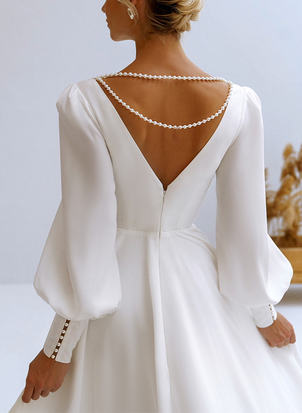 A-Line V-Neck Long Sleeves Chiffon Wedding Dresses With Beading