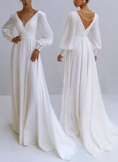 A-Line V-Neck Long Sleeves Stretch Satin Wedding Dresses With Beading