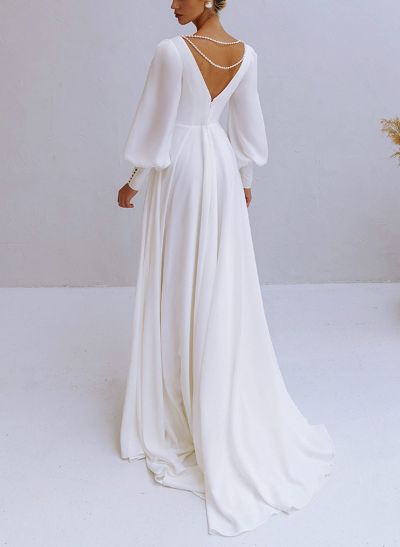 A-Line V-Neck Long Sleeves Stretch Satin Wedding Dresses With Beading