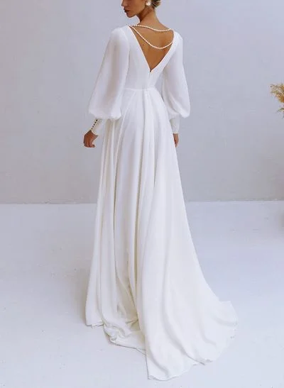 A-Line V-Neck Long Sleeves Stretch Satin Wedding Dresses With Beading