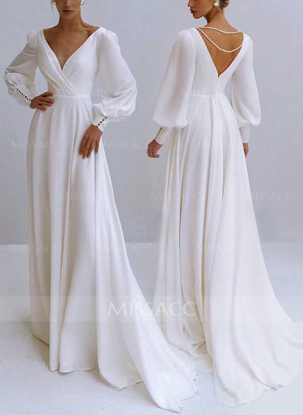 A-Line V-Neck Long Sleeves Chiffon Wedding Dresses With Beading