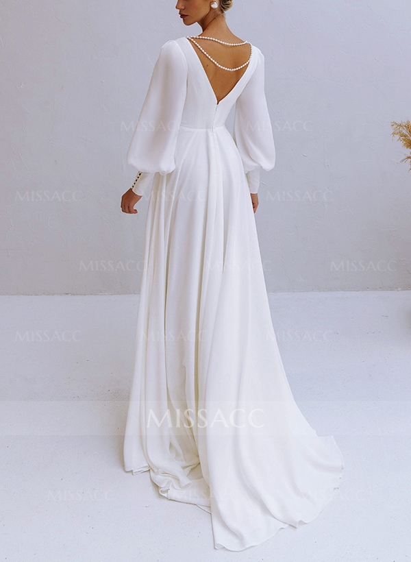 A-Line V-Neck Long Sleeves Chiffon Wedding Dresses With Beading