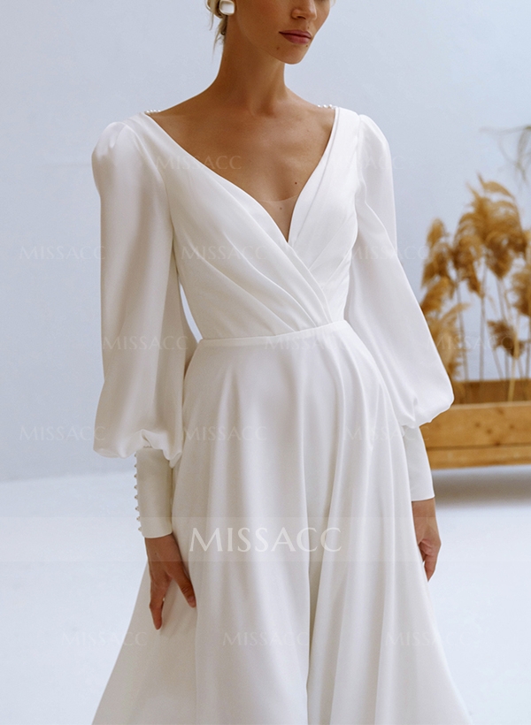 A-Line V-Neck Long Sleeves Chiffon Wedding Dresses With Beading