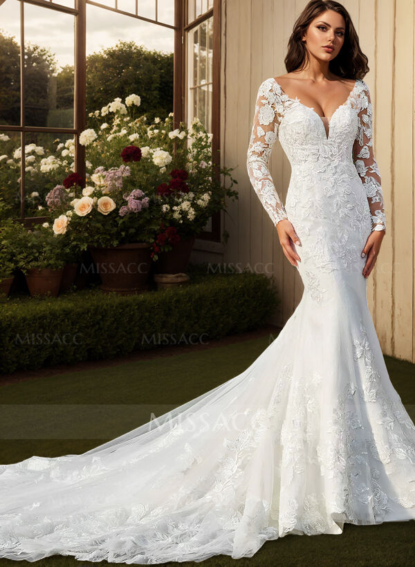 Trumpet/Mermaid V-Neck Long Sleeves Sweep Train Lace Wedding Dresses