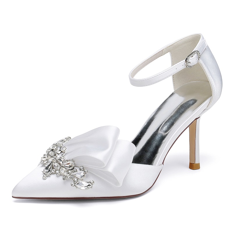 Point Toe Stiletto Heel Silk Like Satin Wedding Shoes With Rhinestone