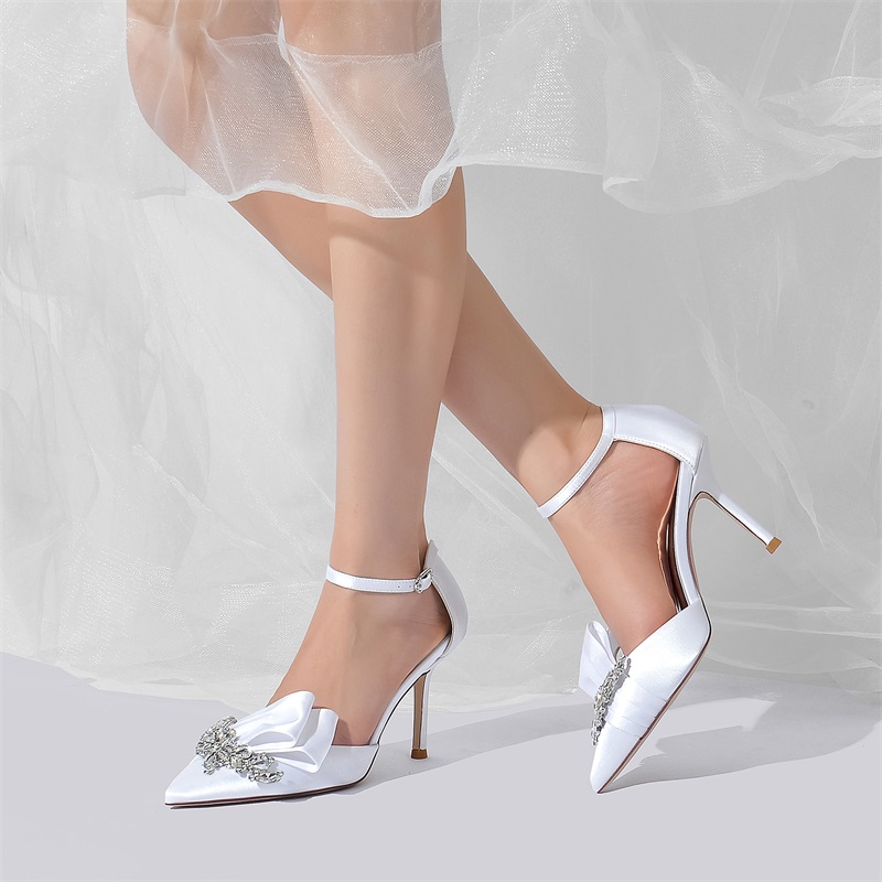 Point Toe Stiletto Heel Silk Like Satin Wedding Shoes With Rhinestone