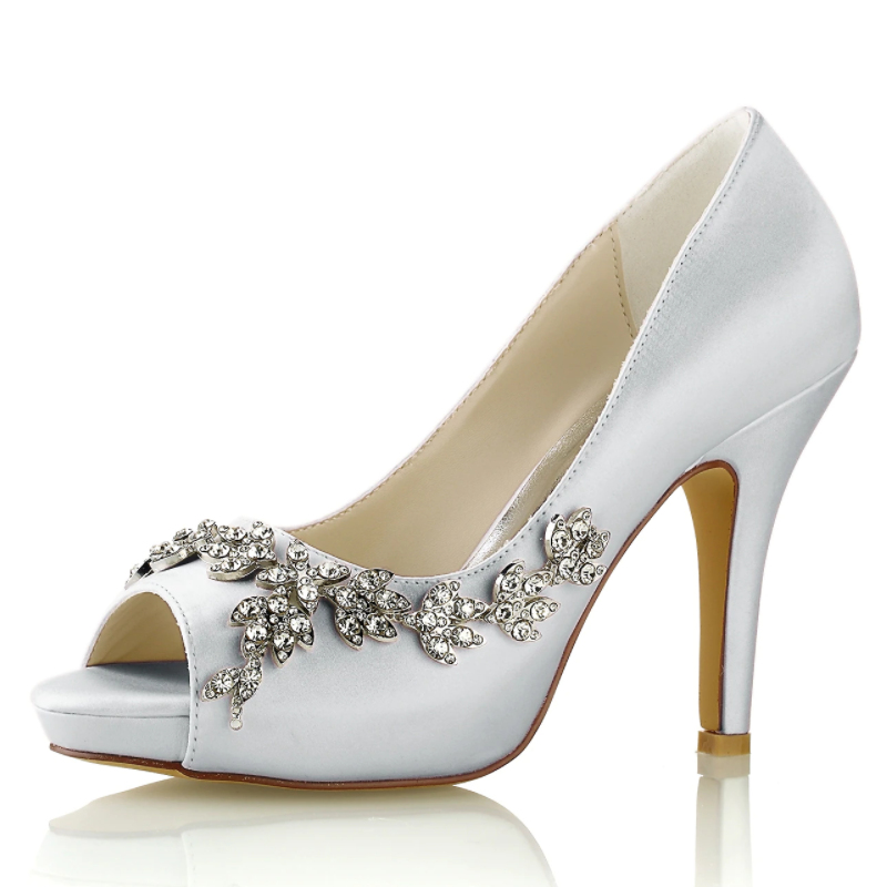 High Heel Peep Toe Silk Like Satin Wedding Shoes With Rhinestone