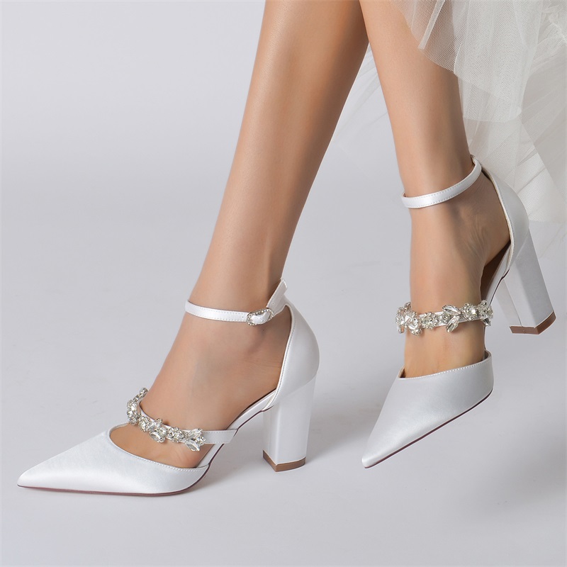 Ankle Strap Heel Silk Like Satin Wedding Shoes With Rhinestone