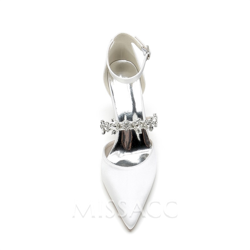 Ankle Strap Heel Silk Like Satin Wedding Shoes With Rhinestone