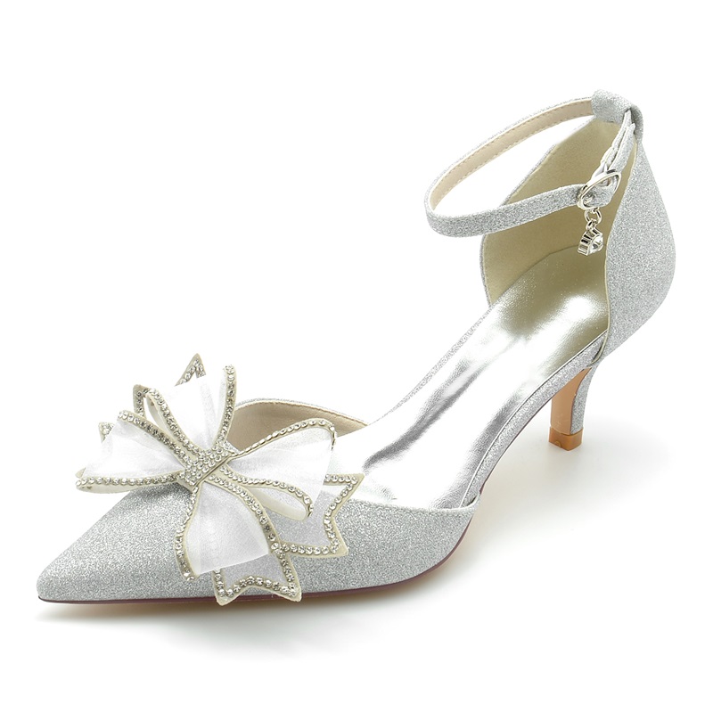 Kitten Heel Glitter Wedding Shoes With Bowknot