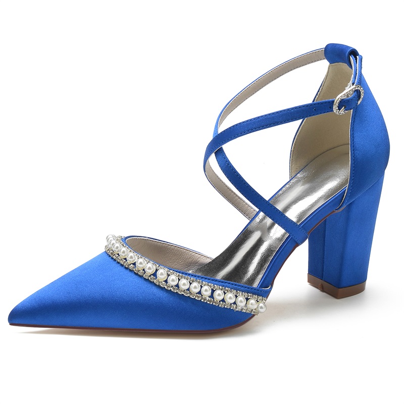 Point Toe Chunky Heel Silk Like Satin Wedding Shoes